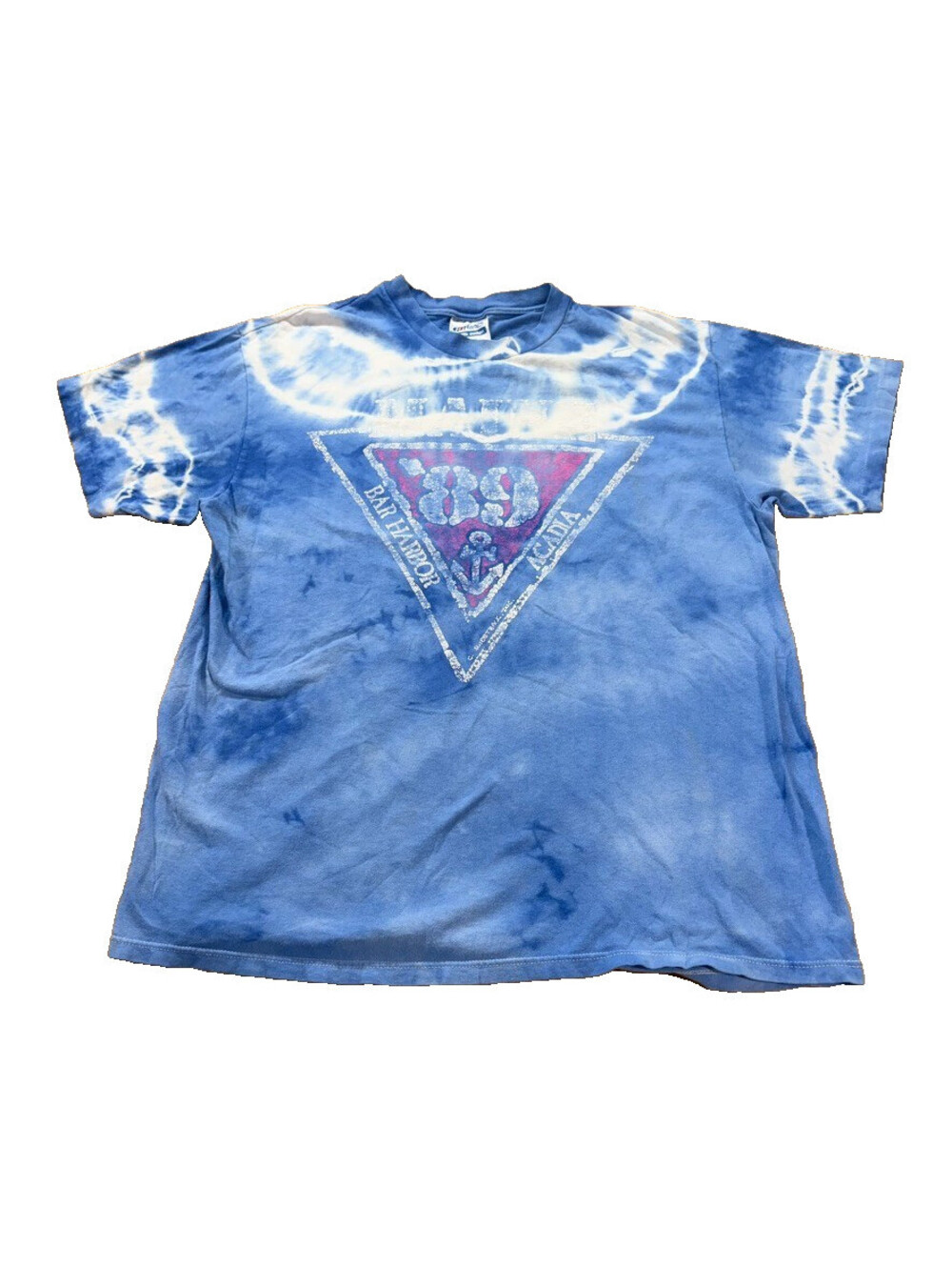 Vintage 1989 Bar Harbor Acadia Maine Tie Dye Tee Blue XL Fits M